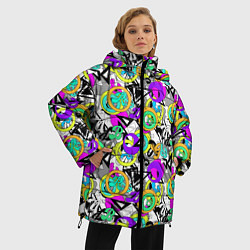 Куртка зимняя женская Разноцветный узор с буквами и абстрактными фигурам, цвет: 3D-красный — фото 2