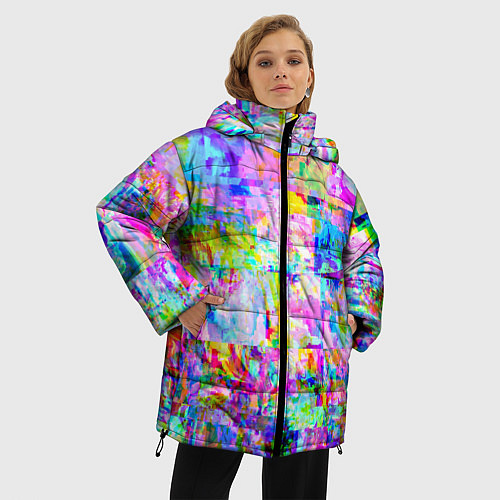 Женская зимняя куртка Яркий неоновый абстрактный Glitch / 3D-Черный – фото 3