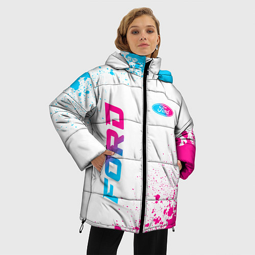 Женская зимняя куртка Ford neon gradient style: надпись, символ / 3D-Черный – фото 3