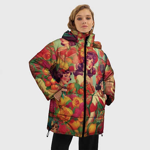 Женская зимняя куртка Винтажные ретро леди и цветы / 3D-Черный – фото 3