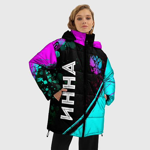 Женская зимняя куртка Инна и неоновый герб России: надпись, символ / 3D-Черный – фото 3