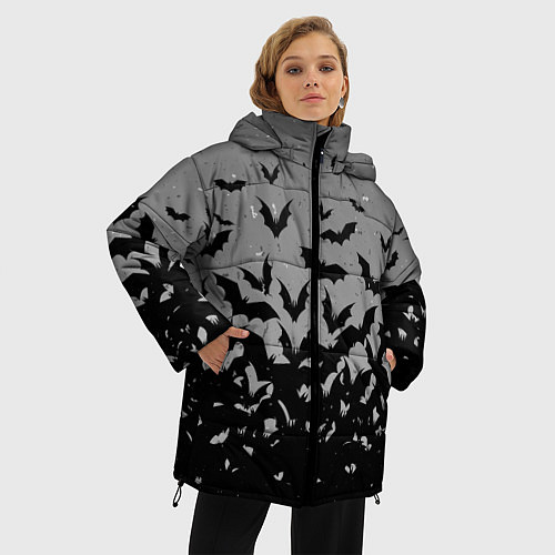 Женская зимняя куртка Серый фон и летучие мыши / 3D-Черный – фото 3