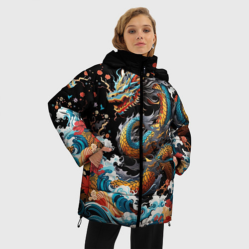 Женская зимняя куртка Дракон на волнах в японском стиле арт / 3D-Черный – фото 3