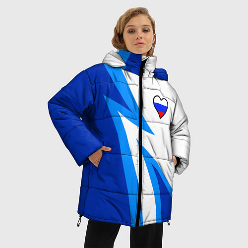 Женская зимняя куртка Флаг России в сердечке - синий / 3D-Красный – фото 3