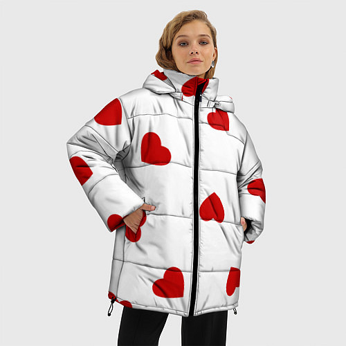 Женская зимняя куртка Красные сердечки на белом / 3D-Черный – фото 3
