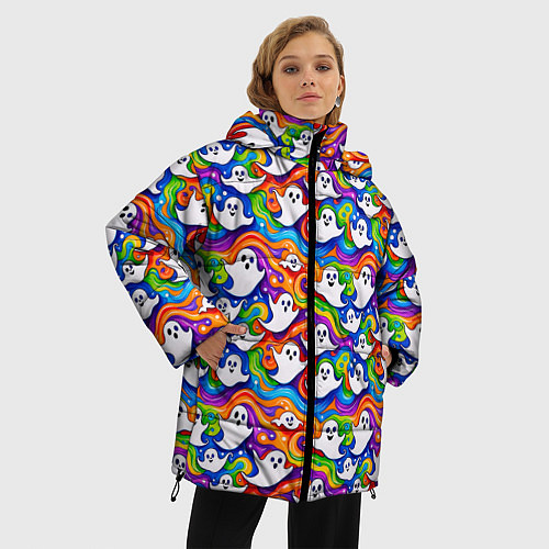Женская зимняя куртка Веселые привидения на красочном фоне / 3D-Черный – фото 3