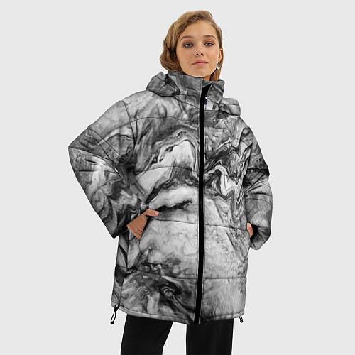 Женская зимняя куртка Черно-белая мраморная абстракция / 3D-Светло-серый – фото 3
