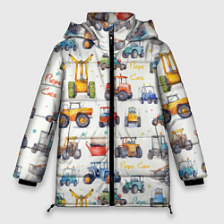 Куртка зимняя женская Акварельные тракторы - детский паттерн, цвет: 3D-черный