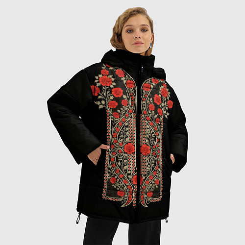 Женская зимняя куртка Растительный цветочный орнамент - красные розы на / 3D-Черный – фото 3