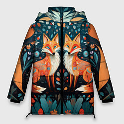 Куртка зимняя женская Две лисички в стиле фолк арт, цвет: 3D-красный