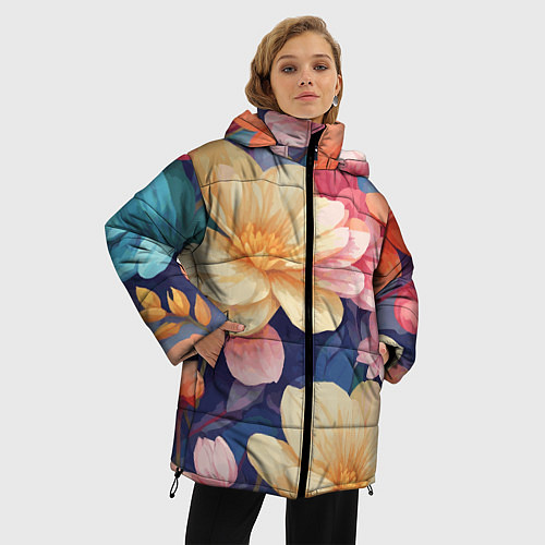 Женская зимняя куртка Водянная лилия лотосы кувшинки / 3D-Черный – фото 3