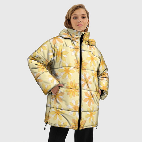 Женская зимняя куртка Желтые геометричные цветы / 3D-Красный – фото 3