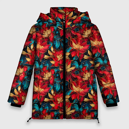 Женская зимняя куртка Красные цветы с синими листьями узор / 3D-Красный – фото 1