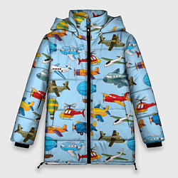 Куртка зимняя женская Самолёты и вертолёты, цвет: 3D-черный