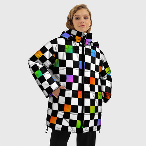 Женская зимняя куртка Черно-бело-радужная клетка / 3D-Черный – фото 3