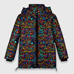 Куртка зимняя женская Абстрактные разноцветные линии на черном фоне, цвет: 3D-красный