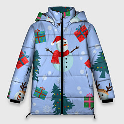 Куртка зимняя женская Снеговики с новогодними подарками паттерн, цвет: 3D-черный