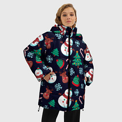 Куртка зимняя женская Снеговички с рождественскими оленями и елками, цвет: 3D-красный — фото 2