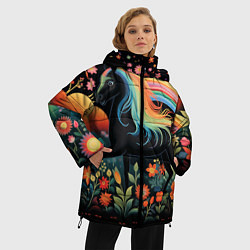 Куртка зимняя женская Лошадка с радужной гривой в стиле фолк-арт, цвет: 3D-черный — фото 2