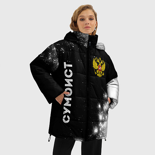 Женская зимняя куртка Сумоист из России и герб РФ вертикально / 3D-Черный – фото 3
