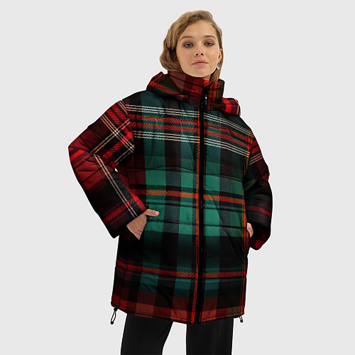 Женская зимняя куртка Красно-зелёная шотландская клетка / 3D-Черный – фото 3