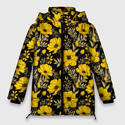Куртка зимняя женская Желтые цветы на черном фоне паттерн, цвет: 3D-красный