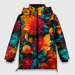 Куртка зимняя женская Яркие шикарные цветы узор, цвет: 3D-красный