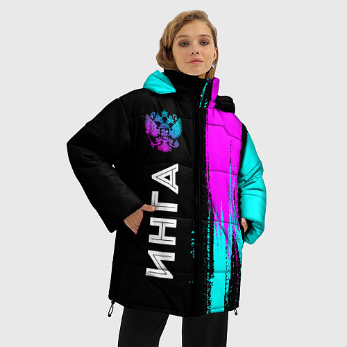 Женская зимняя куртка Инга и неоновый герб России по-вертикали / 3D-Черный – фото 3