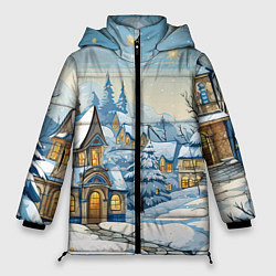 Куртка зимняя женская Новогодний город иллюстрация, цвет: 3D-черный