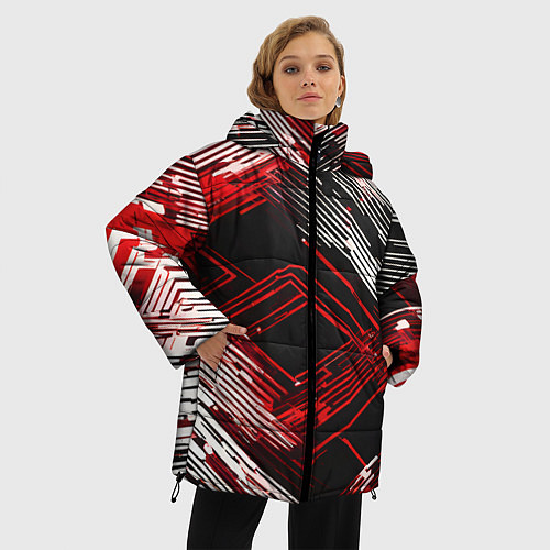 Женская зимняя куртка Киберпанк линии белые и красные / 3D-Черный – фото 3