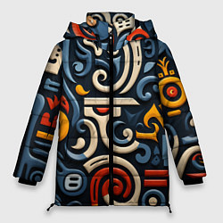 Куртка зимняя женская Абстрактный цветной паттерн в славянском стиле, цвет: 3D-черный