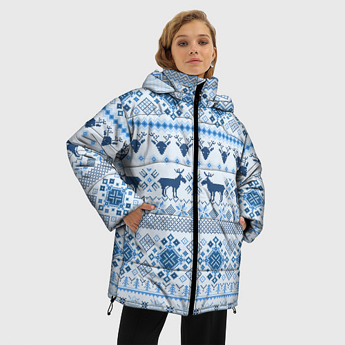 Женская зимняя куртка Blue sweater with reindeer / 3D-Черный – фото 3