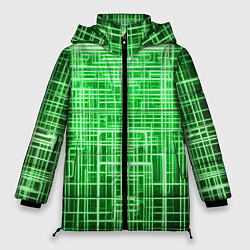 Куртка зимняя женская Зелёные неоновые полосы киберпанк, цвет: 3D-красный