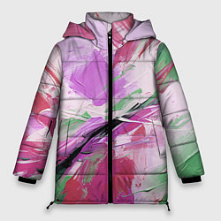 Куртка зимняя женская Зеленые и розовые мазки краски, цвет: 3D-красный