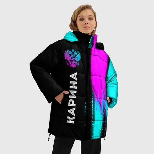 Женская зимняя куртка Карина и неоновый герб России по-вертикали / 3D-Черный – фото 3