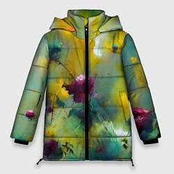 Куртка зимняя женская Абстрактные розы в пятнах краски, цвет: 3D-черный