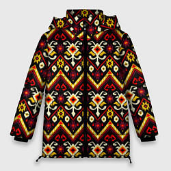 Куртка зимняя женская Черно оранжевый узор икат, цвет: 3D-красный