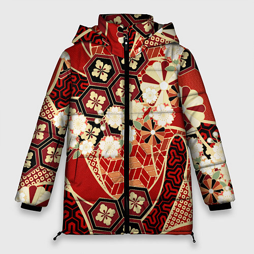 Женская зимняя куртка Японские хризантемы с сакурой / 3D-Красный – фото 1