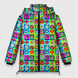 Куртка зимняя женская Сердца и квадраты абстракция, цвет: 3D-красный