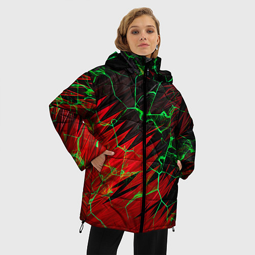 Женская зимняя куртка Зелёные трещины узоры / 3D-Красный – фото 3