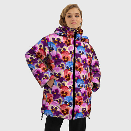 Женская зимняя куртка Разноцветные анютины глазки / 3D-Черный – фото 3