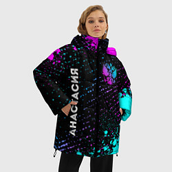 Куртка зимняя женская Анастасия и неоновый герб России вертикально, цвет: 3D-черный — фото 2