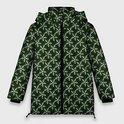 Куртка зимняя женская Паттерн снежинки тёмно-зелёный, цвет: 3D-черный