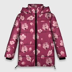 Куртка зимняя женская Сакура цветы и бутоны паттерны, цвет: 3D-черный