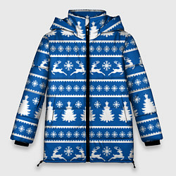 Куртка зимняя женская Синий свитер с новогодними оленями, цвет: 3D-красный