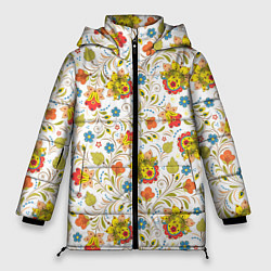Куртка зимняя женская Хохломская роспись разноцветные цветы на белом фон, цвет: 3D-черный