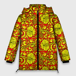 Куртка зимняя женская Хохломская роспись золотистые цветы и ягоды на кра, цвет: 3D-красный
