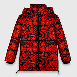 Куртка зимняя женская Хохломская роспись красные цветы и ягоды на чёрном, цвет: 3D-красный