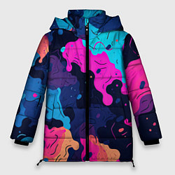 Куртка зимняя женская Яркие кислотные разноцветные пятна в виде камуфляж, цвет: 3D-черный