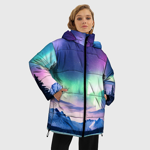 Женская зимняя куртка Северное сияние на природе ai art / 3D-Черный – фото 3